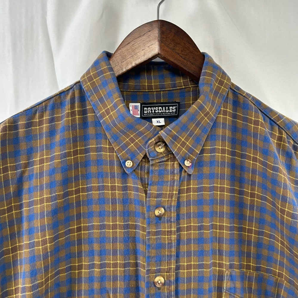 Drysdales Button Down Shirt Mens XL Blue Brown Plaid Long Sleeve USA Made - Picture 2 of 8